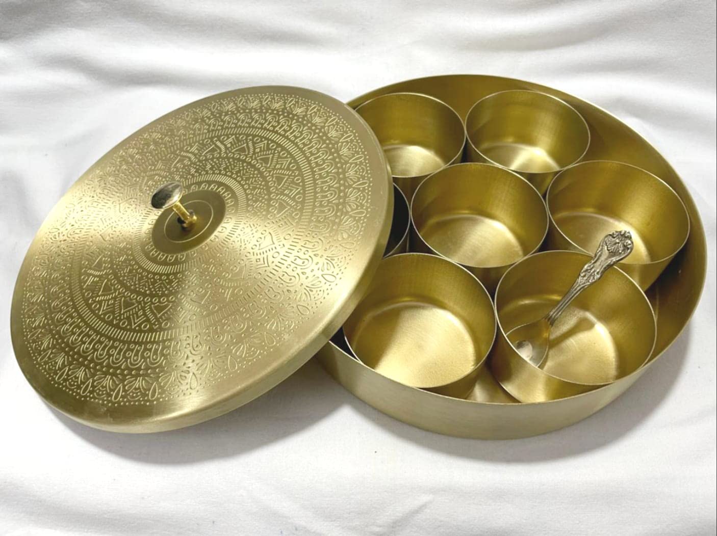 brass 8" spice box with 7 bowls and a spoon for home kitchen/gift item